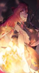 1girl absurdres breasts brunhild_(last_origin) chromatic_aberration fire fire foreshortening from_side hair_over_one_eye highres hood large_breasts last_origin long_hair looking_at_viewer looking_to_the_side magic mer_(mer3in) open_mouth pyrokinesis red_eyes red_hair smile solo underboob