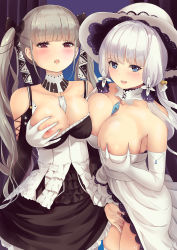 Rule 34 | 2girls, :d, azur lane, bare shoulders, between breasts, black bow, black dress, bow, grabbing another&#039;s breast, breasts, collarbone, commentary request, cowboy shot, culter, detached collar, dress, elbow gloves, fingering, formidable (azur lane), gloves, grabbing, grabbing own breast, grey hair, hair bow, highres, illustrious (azur lane), lace trim, large breasts, long hair, long sleeves, mole, mole under eye, multiple girls, nipples, open mouth, petticoat, pussy juice, red eyes, smile, standing, strapless, strapless dress, thighhighs, twintails, white dress, white gloves, white headwear, yuri