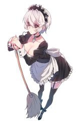Rule 34 | 1girl, apron, black sclera, bob cut, borrowed character, breasts, broom, choker, cleavage, colored sclera, earrings, female focus, garter straps, highres, jewelry, leaning forward, looking at viewer, maid, maid apron, maid headdress, original, red eyes, simple background, solo, supernew, thighhighs, white background
