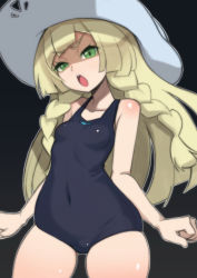 Rule 34 | &gt;:o, 1girl, :o, angry, bare shoulders, black background, blonde hair, blunt bangs, blush, braid, breasts, collarbone, covered navel, creatures (company), frown, game freak, green eyes, half-closed eyes, hat, lillie (pokemon), long hair, looking at viewer, nada haruka, nintendo, one-piece swimsuit, open mouth, pokemon, pokemon (anime), pokemon sm (anime), simple background, small breasts, solo, solo focus, sun hat, swimsuit, twin braids, v-shaped eyebrows
