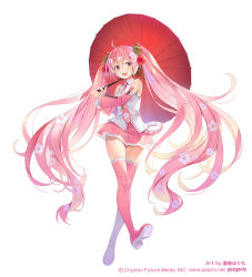 Rule 34 | 1girl, ahoge, artist name, bare shoulders, blush, boots, commentary request, flower, hair ornament, hatsune miku, holding, holding umbrella, long hair, miniskirt, necktie, official art, oil-paper umbrella, open mouth, pink footwear, pleated skirt, sakura miku, shiny skin, simple background, skirt, sleeveless, smile, solo, thigh boots, thighhighs, twintails, umbrella, very long hair, vocaloid, white background, yuuki hagure, zettai ryouiki