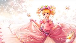 Rule 34 | 1girl, :d, alternate costume, bad id, bad pixiv id, blonde hair, blush, breasts, cheesecake cookie, cookie run, dress, drill hair, earrings, gloves, gradient background, highres, jewelry, necklace, open mouth, pearl necklace, pink dress, red eyes, revision, smile, solo, ssumbi, twin drills, white gloves