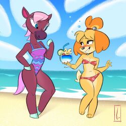 Rule 34 | 2girls, animal crossing, animal ears, animal feet, animal nose, artist name, bare shoulders, barefoot, beach, bell, bikini, birchly, black eyes, blonde hair, blue eyes, blue sky, blush, body fur, breasts, brown fur, cherry, cleavage, closed mouth, cloud, collarbone, cup, day, dog ears, dog girl, dog tail, drink, drinking glass, drinking straw, drunk, eye contact, female focus, flower, food, fruit, full body, furry, furry female, grin, groin, hair bell, hair ornament, hair tie, half-closed eyes, hand on own hip, hand to own mouth, hand up, hands up, happy, heel up, highres, holding, holding drink, holding drinking glass, hooves, horizon, horse ears, horse girl, horse tail, isabelle (animal crossing), jingle bell, knees together feet apart, leaf print, legs, lime (fruit), lime slice, looking at another, multicolored hair, multiple girls, navel, nintendo, nose blush, ocean, orange hair, outdoors, parted bangs, pink hair, red bikini, reneigh (animal crossing), sand, short hair, signature, sky, small breasts, smile, standing, stomach, strapless, strapless bikini, swimsuit, tail, teeth, thighs, topknot, two-tone fur, two-tone hair, two-tone one-piece swimsuit, water, yellow flower, yellow fur