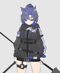 Rule 34 | 1girl, alternate costume, animal ears, arknights, black jacket, blue eyes, blue hair, breasts, chinese commentary, commentary, dual wielding, fang (arknights), grey background, holding, holding spear, holding sword, holding weapon, hood, hood down, horse ears, jacket, looking at viewer, medium breasts, pipilili, polearm, ponytail, simple background, solo, spear, standing, strap, sword, thigh strap, weapon