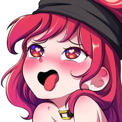 Rule 34 | 1girl, ahegao, alpha transparency, bare shoulders, blush, bmkro, choker, commentary request, commission, hat, heart, heart-shaped pupils, hecatia lapislazuli, lowres, o-ring, o-ring choker, open mouth, portrait, red eyes, red hair, smile, solo, spanish commentary, symbol-shaped pupils, tongue, tongue out, touhou, transparent background