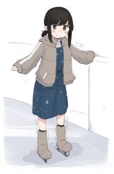 Rule 34 | 1girl, absurdres, anchor symbol, black hair, blue dress, blush, closed mouth, commentary, dress, fubuki (kancolle), full body, green eyes, grey jacket, highres, hood, hooded jacket, ice skates, jacket, kantai collection, long sleeves, ma rukan, polka dot, polka dot dress, short hair, short ponytail, signature, skates, solo