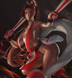 Rule 34 | cowboy shot, dead or alive, highres, nail polish, red eyes, red lips, shiranui mai, solo, the king of fighters, uruka 18, white nails