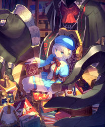 Rule 34 | 1girl, armband, armchair, bad id, bad pixiv id, black capelet, blue dress, blue eyes, blue hat, blunt bangs, bob cut, book, boots, brown footwear, cabbie hat, capelet, chair, closed mouth, commentary request, disembodied limb, dress, hair ornament, hat, hexagram, highres, holding, holding book, indoors, juliet sleeves, kaina (tsubasakuronikuru), lampshade, long sleeves, original, pleated dress, puffy sleeves, red scarf, scarf, short hair, silver hair, sitting, smile, solo, star (symbol), tying hair, white legwear, wide sleeves