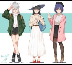 Rule 34 | 3girls, :d, ankle boots, arm behind back, arm up, bag, bare legs, belt, beret, black footwear, black hair, black hat, black legwear, black shorts, black skirt, blue eyes, blue hair, blunt bangs, blush, boots, bow, brown eyes, brown footwear, casual, cellphone, coat, crossed legs, earrings, fang, full body, green jacket, hair bow, hair ornament, hairclip, hat, high collar, high ponytail, highres, higuchi kaede, holding, holding phone, isshiki (ffmania7), jacket, jewelry, letterboxed, long hair, long skirt, long sleeves, medium skirt, mole, mole under eye, multiple girls, nijisanji, open clothes, open jacket, open mouth, pantyhose, phone, pink coat, purple eyes, red footwear, salute, shirt, shizuka rin, short hair, short shorts, shorts, shoulder bag, silver hair, skirt, smartphone, smile, standing, sun hat, sweater, tareme, tsukino mito, twitter username, two-tone background, unbuttoned, virtual youtuber, waving, white bow, white hat, white skirt, white sweater, yellow shirt