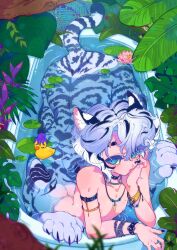 Rule 34 | 1boy, animal ear fluff, animal ears, armlet, bangle, bathing, bathtub, black choker, black nails, blue eyes, blue fur, blue hair, bracelet, centauroid, chain, choker, claws, colored eyelashes, colored sclera, curly hair, elbow rest, fern, fingernails, flower, foliage, full body, gradient hair, hand on own cheek, hand on own face, head rest, highres, jewelry, lily pad, long eyelashes, looking at viewer, lotus, male focus, monster boy, multicolored hair, multiple necklaces, necklace, nipples, no shirt, octopus, original, parted lips, partially submerged, pink flower, plant, ring, rubber duck, sharp fingernails, short hair, sitting, slit pupils, solo, streaked hair, studded bracelet, tail, takoya de, taur, thick eyelashes, tiger boy, tiger ears, tiger tail, tooth necklace, water, white hair, yellow sclera