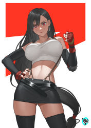Rule 34 | 1girl, black hair, black skirt, black thighhighs, breasts, closed mouth, crop top, earrings, elbow gloves, female focus, final fantasy, final fantasy vii, fingerless gloves, gloves, gluteal fold, hand on own hip, jewelry, large breasts, long hair, low-tied long hair, midriff, miniskirt, navel, panties, panty peek, red eyes, red gloves, simple background, skindentation, skirt, smile, solo, square enix, standing, suspender skirt, suspenders, tank top, thighhighs, tifa lockhart, underwear, very long hair, w.q.y, white tank top, zettai ryouiki