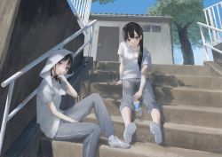 Rule 34 | 2girls, bad id, bad pixiv id, black hair, blue sky, bottle, building, closed mouth, commentary request, fence, grey pants, holding, holding bottle, komari dame, long hair, looking at viewer, multiple girls, original, pants, pants rolled up, shadow, shirt, shoes, short sleeves, sky, smile, sneakers, towel, towel on head, track pants, tree, water bottle, white footwear, white shirt