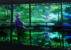 Rule 34 | 1girl, amatsuki rei, bad id, bad pixiv id, commentary request, dappled sunlight, day, flower, forest, from side, green theme, grey hair, hair flower, hair ornament, hands in opposite sleeves, highres, indoors, japanese clothes, kimono, long sleeves, looking away, nature, off shoulder, original, profile, puddle, reflection, scenery, signature, sleeves past wrists, solo, standing, sunlight, tree, walking, wide sleeves