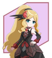 Rule 34 | bare shoulders, black dress, blonde hair, blue eyes, caitlin (fall 2021) (pokemon), caitlin (pokemon), closed mouth, creatures (company), detached sleeves, dress, game freak, gem, hair ornament, highres, long hair, looking at viewer, nana (eyzy2454), nintendo, official alternate costume, official alternate hairstyle, pokemon, pokemon masters ex, ponytail, simple background, very long hair