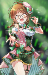 Rule 34 | 1girl, 81 (mellowry), akizuki ritsuko, antenna hair, armband, ascot, belly chain, belt, black-framed eyewear, black belt, blurry, blurry background, blush, bow, braid, breasts, brown eyes, brown hair, buckle, cleavage, collar, cowboy shot, detached collar, dot nose, dress bow, frilled wrist cuffs, frills, garter straps, glasses, glowstick, green ascot, green bow, green ribbon, green shorts, green wrist cuffs, grey thighhighs, hair tie, hands up, hat, hat ornament, hat ribbon, heart, heart hat ornament, highres, idolmaster, idolmaster (classic), idolmaster million live!, idolmaster million live! theater days, jewelry, large breasts, looking at viewer, midriff, navel, open hand, open mouth, pink hat, pink shirt, reaching, reaching towards viewer, ribbon, semi-rimless eyewear, shirt, short hair, shorts, single thighhigh, sleeveless, sleeveless shirt, smile, solo, sparkle, standing, striped clothes, striped shirt, sweat, thighhighs, twin braids, twintails, under-rim eyewear, underbust, white armband, white collar, wrist cuffs