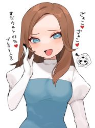 Rule 34 | 2girls, :d, animification, apex legends, apron, ash (titanfall 2), ashleigh reid, black sclera, blue dress, blue eyes, blush, breasts, brown hair, colored sclera, dress, dual persona, fang, gloves, hand on own cheek, hand on own face, heart, highres, juliet sleeves, long sleeves, looking to the side, medium breasts, multiple girls, nagoooon 114, open mouth, puffy sleeves, simulacrum (titanfall), skin fang, smile, solo focus, white background, white gloves