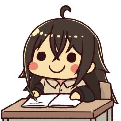 Rule 34 | 1girl, black eyes, black hair, black jacket, blush, blush stickers, borrowed character, breasts, commentary, commentary request, english commentary, holding, holding pencil, jacket, kashima (hz (666v)), keto (funrei doryoku), long hair, looking at viewer, off-shoulder jacket, off shoulder, original, pencil, small breasts, smile, solo, unbuttoned, upper body