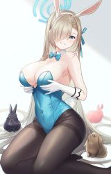 Rule 34 | 1girl, :d, animal, animal ears, animalization, asuna (blue archive), asuna (bunny) (blue archive), bare shoulders, black-framed eyewear, black pantyhose, blue archive, blue bow, blue bowtie, blue eyes, blue leotard, blush, bow, bowtie, breast hold, breasts, brown hair, cleavage, covered navel, detached collar, elbow gloves, fake animal ears, fake tail, glasses, gloves, hair over one eye, hairband, halo, highres, large breasts, leotard, long hair, looking at viewer, mole, mole on breast, nekomitei, no shoes, open mouth, pantyhose, parted lips, playboy bunny, rabbit, rabbit ears, rabbit tail, semi-rimless eyewear, simple background, sitting, smile, solo, straight hair, strapless, strapless leotard, tail, thighband pantyhose, traditional bowtie, under-rim eyewear, very long hair, white background, white gloves, white hairband, yokozuwari
