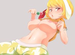 Rule 34 | 1girl, animal ears, blonde hair, blush, breasts, clothes lift, dango, floppy ears, food, grey background, highres, holding, holding food, large breasts, lifting own clothes, looking at viewer, navel, nipple slip, nipples, no headwear, orange shirt, parted lips, rabbit ears, red eyes, ringo (touhou), shiny skin, shirt, shirt lift, short hair, short sleeves, shorts, solo, stomach, touhou, wagashi, yocchi (tenyunkel)