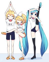 Rule 34 | &gt; &lt;, 1boy, 2girls, :t, aqua eyes, aqua hair, black legwear, black shorts, blonde hair, boots, bow, buruma, character name, closed eyes, clothes writing, commentary, expressionless, full body, gym uniform, hair bow, hair ornament, hairclip, hands up, hatsune miku, highres, holding leg, kagamine len, kagamine rin, kasaki sakura, leg lift, leg up, long hair, multiple girls, open mouth, orange buruma, orange footwear, pout, shirt, shoes, short hair, short sleeves, shorts, sneakers, spiked hair, standing, standing on one leg, steepled fingers, stretching, struggling, swept bangs, thigh boots, thighhighs, trembling, twintails, v-shaped eyebrows, very long hair, vocaloid, white bow, white shirt, you&#039;re doing it wrong