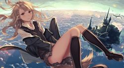 Rule 34 | 1girl, animal ears, architecture, bad id, bad twitter id, between legs, black jacket, black socks, blonde hair, blue sky, blush, brown eyes, brown footwear, building, bullfalk, castle, closed mouth, clothes lift, cloud, collarbone, collared shirt, creature, day, dragon, dress, dress shirt, falling, floating island, fox ears, fox tail, grey skirt, hand between legs, jacket, jacket off shoulders, kneehighs, knees up, lens flare, loafers, long hair, messy hair, off shoulder, open clothes, open jacket, original, own hands together, shirt, shoes, silhouette, skirt, skirt lift, sky, smile, socks, solo, sunlight, sweater vest, tail, thighs, v arms, wavy mouth, white dress