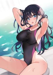 Rule 34 | 1girl, :o, armpits, arms behind head, arms up, ayamy, bare arms, bare shoulders, black hair, black one-piece swimsuit, blue eyes, breasts, commentary request, competition swimsuit, covered navel, hair ornament, highleg, highleg swimsuit, highres, large breasts, long hair, looking at viewer, miyawaki sana, multicolored hair, one-piece swimsuit, open mouth, original, poolside, sitting, solo, swimsuit, thighs, tongue, tongue out, two-tone hair, water, wet, unfinished, x hair ornament