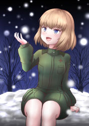 Rule 34 | 1girl, bad id, bad pixiv id, blonde hair, blue eyes, bob cut, commentary, fang, girls und panzer, green jumpsuit, highres, insignia, jumpsuit, katyusha (girls und panzer), long sleeves, looking to the side, marin5313, night, night sky, open mouth, outdoors, pravda military uniform, short hair, short jumpsuit, sky, smile, snow, snowing