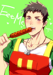 Rule 34 | 1boy, alternate costume, apron, blush, brown hair, collarbone, eating, english text, hot dog, idolmaster, idolmaster side-m, jewelry, kiduguch, looking at viewer, male focus, necklace, purple eyes, red apron, shingen seiji, short hair, simple background, solo, upper body