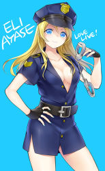 Rule 34 | 10s, 1girl, alternate costume, ayase eli, black gloves, blue background, blue eyes, blue nails, breasts, character name, cleavage, copyright name, cuffs, fingerless gloves, gloves, hair down, hand on own hip, handcuffs, kisaragi mizu, long hair, love live!, love live! school idol festival, love live! school idol project, medium breasts, nail polish, no bra, police, police uniform, policewoman, solo, uniform