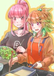 Rule 34 | 2girls, absurdres, apron, blunt bangs, blush, bowl, breasts, chopsticks, cooking, couple, earrings, feather earrings, feathers, food, gradient hair, highres, holding, hololive, hololive english, jewelry, long hair, medium breasts, mori calliope, multicolored hair, multiple girls, open mouth, orange hair, pink hair, red eyes, small breasts, smile, takanashi kiara, virtual youtuber, xu chin-wen, yuri