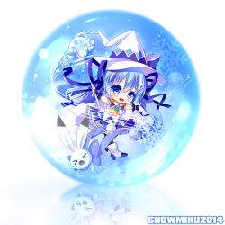 Rule 34 | 1girl, :d, blue eyes, blue hair, character name, chibi, grandia bing, hair ornament, hair ribbon, hat, hatsune miku, holding, long hair, looking at viewer, magical girl, musical note, open mouth, quaver, reflection, ribbon, signature, smile, snowflakes, staff, staff (music), third-party source, treble clef, twintails, vocaloid, witch hat, yuki miku, yukine (vocaloid)
