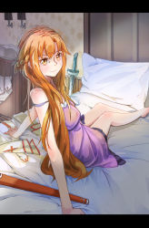 Rule 34 | 10s, 1girl, arm support, asuna (sao), barefoot, bed, brown eyes, brown hair, legs, letterboxed, light smile, long hair, long legs, looking back, nightgown, pillow, sheath, sitting, strap slip, sword art online, terric, very long hair