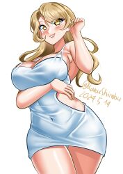 Rule 34 | 1girl, absurdres, breasts, brown eyes, commentary, covered navel, cowboy shot, dated, dress, english commentary, highres, hip vent, houston (kancolle), kantai collection, katou shinobu, large breasts, light brown hair, long hair, mixed-language commentary, one-hour drawing challenge, parted lips, smile, solo, spaghetti strap, twitter username, white dress