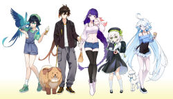 Rule 34 | 2boys, 3girls, ;d, absurdres, ahoge, animal, animal on arm, aranara (genshin impact), bag, bare legs, bare shoulders, beret, bird, black cat, black footwear, black hair, black headwear, black jacket, black skirt, black thighhighs, blue eyes, blue hair, boots, bow, bra strap, braid, brown hair, cat, charm (object), commentary request, contemporary, crop top, cropped sweater, cup, denim, denim shorts, disposable cup, dog, doughnut, food, full body, furina (genshin impact), genshin impact, gradient hair, green bow, green eyes, green footwear, green headwear, green necktie, green shirt, grey pants, grin, hair intakes, hat, hat bow, highres, holding, holding animal, holding bag, holding cat, holding cup, holding food, ice cream, jacket, kaidi, kneehighs, long braid, long hair, long sleeves, looking at viewer, mary janes, midriff, miniskirt, multicolored hair, multiple boys, multiple girls, nahida (genshin impact), navel, necktie, off-shoulder shirt, off shoulder, one eye closed, open clothes, open fly, open jacket, open mouth, overall shorts, overalls, pants, pantyhose, parrot, petticoat, pointy ears, purple eyes, purple hair, raiden shogun, shirt, shoes, short hair, short shorts, shorts, skirt, smile, sneakers, socks, standing, stomach, thighband pantyhose, thighhighs, thighs, twin braids, venti (genshin impact), very long hair, white footwear, white hair, white pantyhose, white shirt, white socks, yae miko, yae miko (fox), yellow eyes, zhongli (genshin impact)