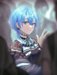 Rule 34 | 1girl, black choker, black dress, black jacket, blue eyes, blue hair, bow, bow earrings, choker, closed mouth, collared dress, commentary request, crowd, dress, earrings, highres, hololive, hoshimachi suisei, hoshimachi suisei (streetwear), jacket, jewelry, lace, lace choker, lace sleeves, looking at viewer, memetaroh, neck ribbon, off shoulder, official alternate costume, official alternate hair length, official alternate hairstyle, ribbon, short hair, short sleeves, smile, solo focus, star (symbol), star in eye, symbol in eye, virtual youtuber, waving