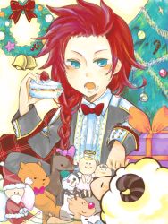 Rule 34 | 00s, 1boy, bear, blue eyes, cake, christmas, doll, food, fruit, gift, indoors, long hair, male focus, red hair, sheep, solo, strawberry, tales of (series), tales of symphonia, toy, tree, zelos wilder