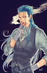 Rule 34 | 1boy, blood, blood on face, blood on hands, blue hair, cigarette, closed mouth, collared shirt, cu chulainn (caster) (fate), cu chulainn (caster) (formal dress) (fate), cu chulainn (fate), cu chulainn (fate/stay night), earrings, fang, fate/grand order, fate (series), finger to mouth, gloves, grin, hand in pocket, heroic spirit formal dress, jewelry, jiao mao, long hair, male focus, red eyes, scalpel, shirt, shushing, signature, simple background, sleeves rolled up, smile, smoke, smoking, solo, spiked hair, type-moon, vest, weapon