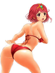Rule 34 | 1girl, ahoge, artist request, ass, bad id, bad pixiv id, bare shoulders, bikini, blush, breasts, circlet, embarrassed, from behind, highres, large breasts, looking at viewer, nintendo, open mouth, pyra (xenoblade), red bikini, red eyes, red hair, shiny skin, short hair, sideboob, solo, swept bangs, swimsuit, white background, xeno (series), xenoblade chronicles (series), xenoblade chronicles 2