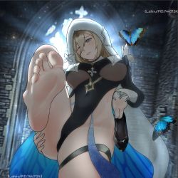 Rule 34 | 1girl, absurdres, aponia (honkai impact), barefoot, blonde hair, bloom, blue eyes, blush, bug, butterfly, feet, highres, holding, holding shoes, honkai (series), honkai impact 3rd, insect, leotard, light, long hair, looking at viewer, one eye closed, parted lips, shoes, unworn shoes, single shoe, soles, toes