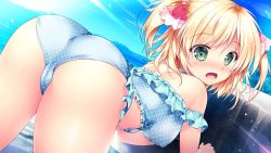 Rule 34 | 1girl, bent over, bikini, blonde hair, blue bikini, blue sky, blush, bow, breasts, cameltoe, cleft of venus, covered erect nipples, day, eimi halford, game cg, green eyes, hair between eyes, hair bow, long hair, looking at viewer, medium breasts, mikeou, off-shoulder bikini, off shoulder, open mouth, outdoors, polka dot, polka dot bikini, princess sisters, red bow, sky, solo, summer, sweatdrop, swimsuit, twintails