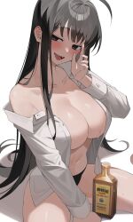 Rule 34 | 1girl, absurdres, ahoge, black eyes, black hair, black panties, blush, bottle, breasts, cleavage, collarbone, commentary, dress shirt, drunk, facing viewer, hand up, highres, large breasts, long hair, long sleeves, lvemhrd, navel, no bra, off shoulder, open clothes, open mouth, open shirt, original, panties, sharp teeth, shirt, simple background, sitting, smile, solo, stomach, sweat, teeth, thighs, tongue, underwear, upper body, white background, white shirt, wine bottle
