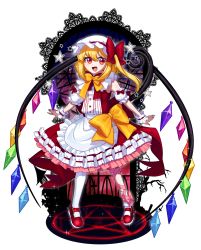 Rule 34 | 1girl, :d, adapted costume, apron, asymmetrical legwear, blonde hair, bow, bowtie, detached sleeves, fang, fingernails, flandre scarlet, frilled apron, frilled skirt, frills, full body, hair between eyes, hat, hat ribbon, highres, large bow, looking at viewer, mary janes, medium hair, mob cap, multicolored wings, nova (artist), open mouth, pentagram, pigeon-toed, puffy short sleeves, puffy sleeves, red eyes, red footwear, red ribbon, red skirt, ribbon, ribbon-trimmed skirt, ribbon trim, sharp fingernails, shirt, shoes, short sleeves, side ponytail, skirt, sleeveless, sleeveless shirt, smile, socks, solo, standing, star (symbol), touhou, waist apron, white apron, white hat, white socks, wings, wrist cuffs, yellow bow, yellow bowtie