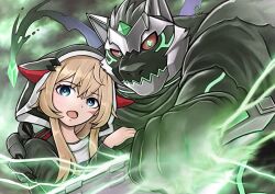 Rule 34 | 1boy, 1girl, animal ears, arm around shoulder, blonde hair, blue eyes, claws, colored sclera, commentary request, furry, furry male, green eyes, holding, holding sword, holding weapon, hood, hood up, hooded jacket, incoming attack, jacket, kemokemumaki, live a hero, looking at viewer, melide (live a hero), monomasa (live a hero), red sclera, scar, scar on face, sword, weapon, wolf boy, wolf ears