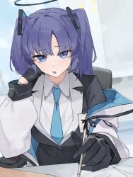 Rule 34 | 1girl, absurdres, black gloves, black vest, blue archive, blue eyes, blue hair, blue necktie, breasts, collared shirt, commentary request, gloves, halo, hand on own cheek, hand on own face, hand up, head rest, highres, holding, holding pen, jacket, large breasts, long hair, long sleeves, looking at viewer, mechanical halo, necktie, off shoulder, open mouth, paper, pen, randouworks, shirt, solo, two-sided fabric, two-sided jacket, two side up, upper body, vest, white jacket, white shirt, yuuka (blue archive)