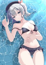 Rule 34 | 1girl, beret, bikini, black bikini, black hat, blue eyes, breasts, calin, commentary request, crossed bangs, frilled bikini, frills, front-tie bikini top, front-tie top, grey hair, hair between eyes, hair ribbon, hand on own stomach, hat, highres, kantai collection, kashima (kancolle), large breasts, long hair, looking at viewer, lying, navel, on back, outdoors, parted lips, partially submerged, ribbon, smile, solo, strap slip, sunlight, swimsuit, twintails