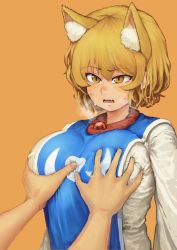 Rule 34 | 1girl, absurdres, alternate eye color, blonde hair, blush, grabbing another&#039;s breast, breasts, breasts squeezed together, breath, brown eyes, chanta (ayatakaoisii), deep skin, dress, fangs, fingernails, grabbing, hair between eyes, heavy breathing, highres, huge breasts, long sleeves, open mouth, orange background, out of frame, short hair, simple background, slit pupils, solo focus, tabard, teeth, tongue, touhou, upper body, wavy hair, white dress, yakumo ran