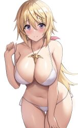 Rule 34 | 1girl, absurdres, bikini, blonde hair, blush, breasts, charlotte dunois, cleavage, closed mouth, collarbone, cowboy shot, hair between eyes, hand up, highres, infinite stratos, jasony, jewelry, large breasts, long hair, looking at viewer, navel, necklace, purple eyes, side-tie bikini bottom, simple background, smile, solo, stomach, strap pull, swimsuit, thigh gap, white background, white bikini
