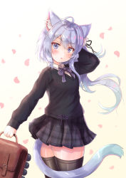 Rule 34 | 1girl, ahoge, animal ears, arm behind head, asashio (azur lane), asashio (the transfer student underneath the dancing petals) (azur lane), asymmetrical hair, azur lane, bag, black ribbon, black sweater, black thighhighs, blush, cat ears, cat tail, checkered clothes, checkered skirt, cherry blossoms, cocoasabure, collared shirt, commentary, cowboy shot, gradient hair, hair ornament, hair ribbon, hairclip, highres, holding, holding bag, light purple hair, long sleeves, looking at viewer, looking back, multicolored hair, neck ribbon, parted lips, petals, pleated skirt, purple eyes, purple ribbon, purple skirt, ribbon, ribbon-trimmed clothes, ribbon trim, school uniform, shirt, side ponytail, sidelocks, skindentation, skirt, smile, solo, standing, sweater, tail, thighhighs, uniform, zettai ryouiki