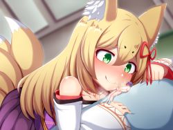 Rule 34 | 1boy, 1girl, animal ear fluff, animal ears, bare shoulders, blonde hair, blush, breasts, closed mouth, commentary request, cum, detached sleeves, fox ears, fox tail, giant, giantess, green eyes, hair ornament, hair ribbon, highres, indoors, japanese clothes, kitsune, long hair, luka (mon-musu quest!), male masturbation, masturbation, mini person, miniboy, mon-musu quest!, monster girl, multiple tails, nude, raichi (ddq0246), ribbon, slit pupils, smile, tail, tamamo (mon-musu quest!), tattoo, tongue, tongue out, wide sleeves