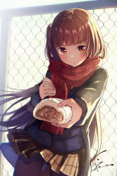 Rule 34 | 1girl, black coat, black pantyhose, blush, breasts, brown skirt, coat, cowboy shot, floating hair, food, girls&#039; frontline, giving, hair ornament, half updo, highres, holding, holding food, kodama (koda mat), large breasts, long hair, looking at viewer, nail polish, official alternate costume, one side up, open clothes, open coat, open mouth, outdoors, pantyhose, pink nails, plaid, plaid skirt, pleated skirt, purple hair, purple vest, red eyes, red scarf, scarf, signature, skirt, snowflake hair ornament, snowflake print, solo, sunset, tsundere, v-shaped eyebrows, very long hair, vest, wa2000 (date in the snow) (girls&#039; frontline), wa2000 (girls&#039; frontline), wind